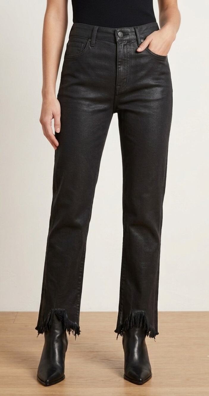 SIMKHAI Coated Black High Rise Straight Leg Jeans Distressed Raw Hem Size 27